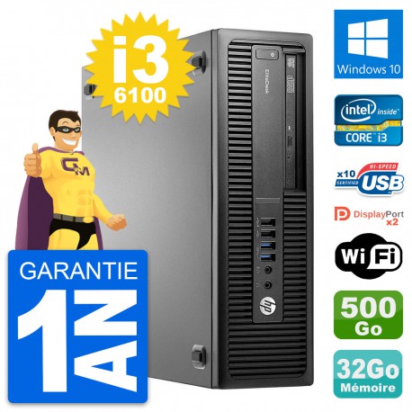 PC HP EliteDesk 800 G2 SFF Intel i3-6100 RAM 32Go Disque 500Go Windows 10 Wifi