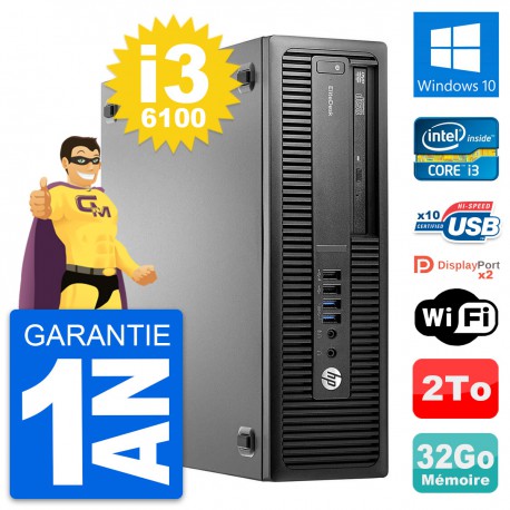 PC HP EliteDesk 800 G2 SFF Intel i3-6100 RAM 32Go Disque 2To Windows 10 Wifi