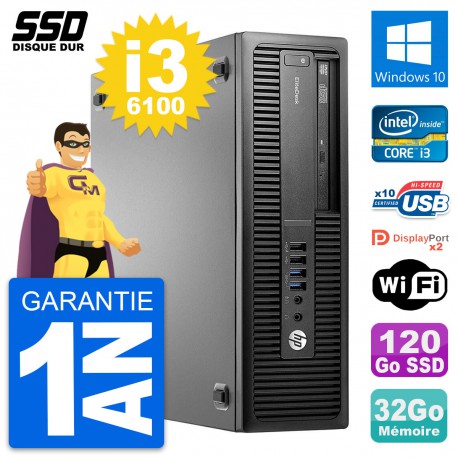 PC HP EliteDesk 800 G2 SFF Intel Core i3-6100 RAM 32Go SSD 120Go Windows 10 Wifi