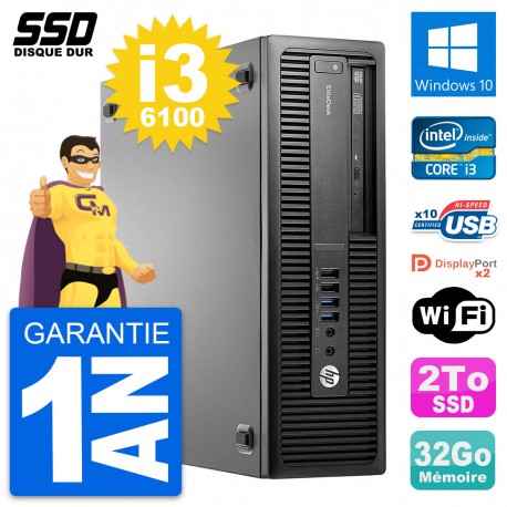 PC HP EliteDesk 800 G2 SFF Intel Core i3-6100 RAM 32Go SSD 2To Windows 10 Wifi
