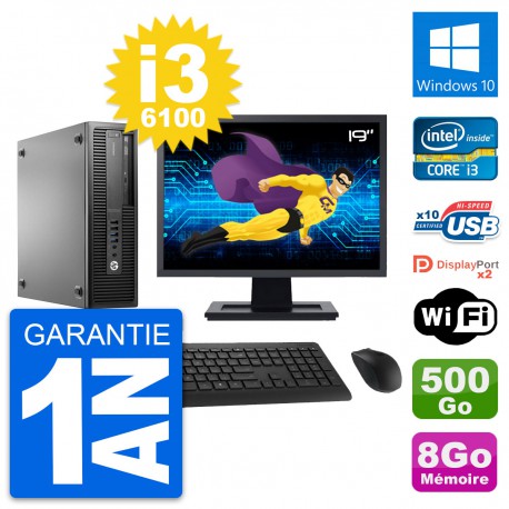 PC HP 800 G2 SFF Ecran 19" Intel i3-6100 RAM 8Go Disque 500Go Windows 10 Wifi