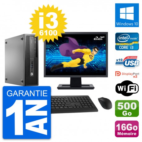 PC HP 800 G2 SFF Ecran 22" Intel i3-6100 RAM 16Go Disque 500Go Windows 10 Wifi