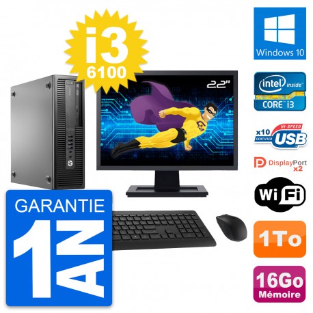 PC HP 800 G2 SFF Ecran 22" Intel i3-6100 RAM 16Go Disque 1To Windows 10 Wifi