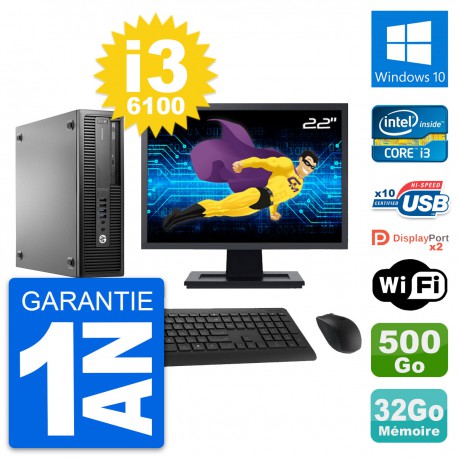 PC HP 800 G2 SFF Ecran 22" Intel i3-6100 RAM 32Go Disque 500Go Windows 10 Wifi