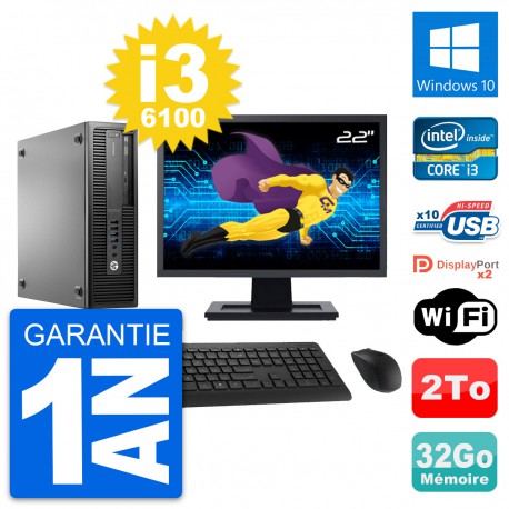 PC HP 800 G2 SFF Ecran 22" Intel i3-6100 RAM 32Go Disque 2To Windows 10 Wifi