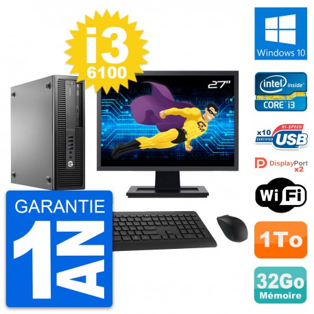 PC HP 800 G2 SFF Ecran 27" Intel i3-6100 RAM 32Go Disque 1To Windows 10 Wifi