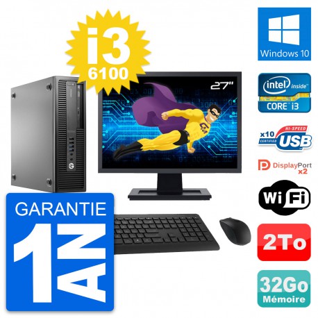 PC HP 800 G2 SFF Ecran 27" Intel i3-6100 RAM 32Go Disque 2To Windows 10 Wifi
