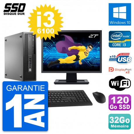 PC HP EliteDesk 800 G2 SFF Ecran 27" i3-6100 RAM 32Go SSD 120Go Windows 10 Wifi