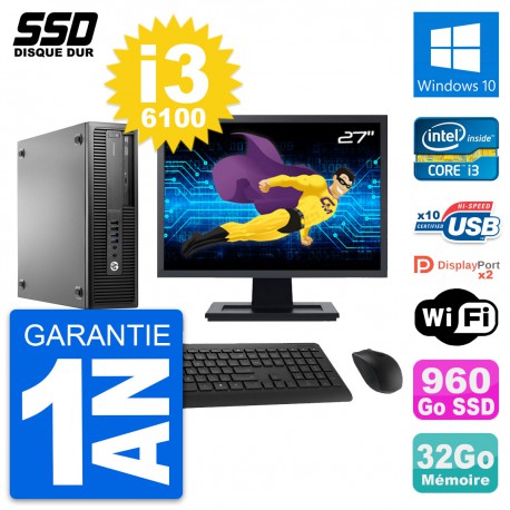 PC HP EliteDesk 800 G2 SFF Ecran 27" i3-6100 RAM 32Go SSD 960Go Windows 10 Wifi