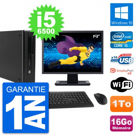PC HP 800 G2 SFF Ecran 19" Intel i5-6500 RAM 16Go Disque 1To Windows 10 Wifi