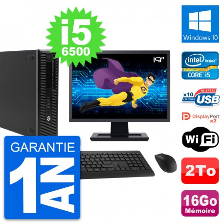 PC HP 800 G2 SFF Ecran 19" Intel i5-6500 RAM 16Go Disque 2To Windows 10 Wifi