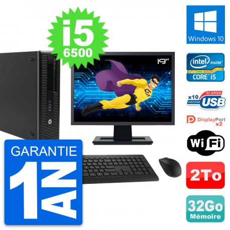PC HP 800 G2 SFF Ecran 19" Intel i5-6500 RAM 32Go Disque 2To Windows 10 Wifi