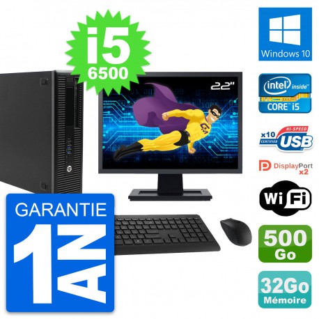 PC HP 800 G2 SFF Ecran 22" Intel i5-6500 RAM 32Go Disque 500Go Windows 10 Wifi