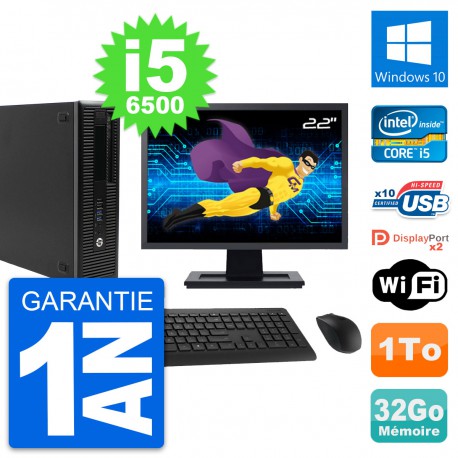 PC HP 800 G2 SFF Ecran 22" Intel i5-6500 RAM 32Go Disque 1To Windows 10 Wifi