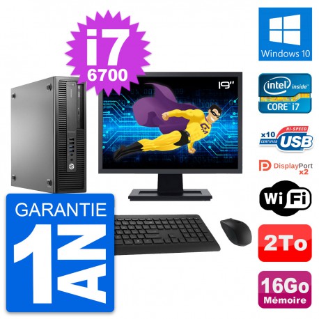 PC HP 800 G2 SFF Ecran 19" Intel i7-6700 RAM 16Go Disque 2To Windows 10 Wifi