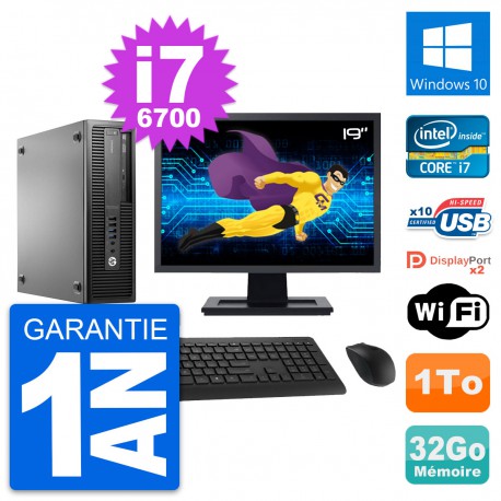 PC HP 800 G2 SFF Ecran 19" Intel i7-6700 RAM 32Go Disque 1To Windows 10 Wifi
