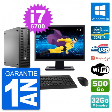 PC HP 800 G2 SFF Ecran 19" Intel i7-6700 RAM 32Go Disque 500Go Windows 10 Wifi