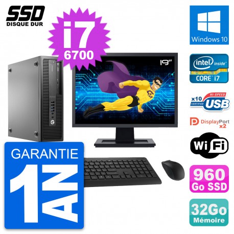 PC HP EliteDesk 800 G2 SFF Ecran 19" i7-6700 RAM 32Go SSD 960Go Windows 10 Wifi