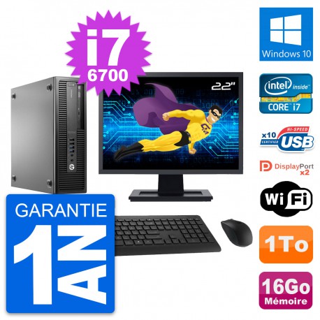 PC HP 800 G2 SFF Ecran 22" Intel i7-6700 RAM 16Go Disque 1To Windows 10 Wifi