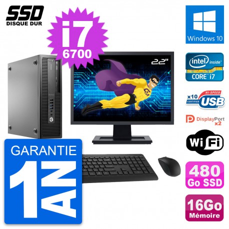 PC HP EliteDesk 800 G2 SFF Ecran 22" i7-6700 RAM 16Go SSD 480Go Windows 10 Wifi