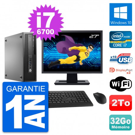 PC HP 800 G2 SFF Ecran 27" Intel i7-6700 RAM 32Go Disque 2To Windows 10 Wifi