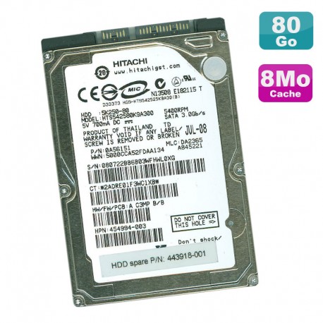 Disque Dur 80Go SATA 2.5" Hitachi HTS542580K9A300 5K250-80 5400 8Mo PC Portable