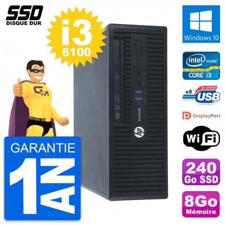 PC HP ProDesk 400 G3 SFF Intel Core i3-6100 RAM 8Go SSD 240Go Windows 10 Wifi