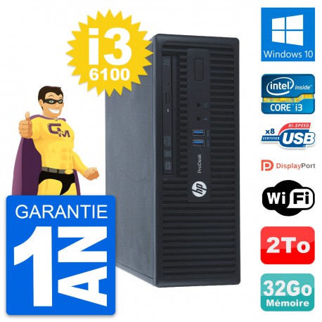PC HP ProDesk 400 G3 SFF Intel Core i3-6100 RAM 32Go Disque 2To Windows 10 Wifi
