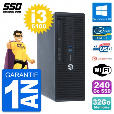 PC HP ProDesk 400 G3 SFF Intel Core i3-6100 RAM 32Go SSD 240Go Windows 10 Wifi