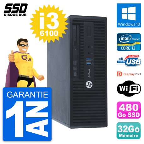 PC HP ProDesk 400 G3 SFF Intel Core i3-6100 RAM 32Go SSD 480Go Windows 10 Wifi