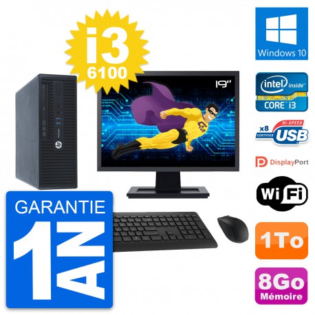 PC HP ProDesk 400 G3 SFF Ecran 19" i3-6100 RAM 8Go Disque 1To Windows 10 Wifi
