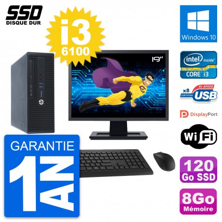 PC HP ProDesk 400 G3 SFF Ecran 19" i3-6100 RAM 8Go SSD 120Go Windows 10 Wifi