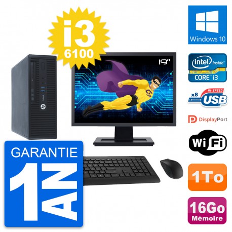PC HP 400 G3 SFF Ecran 19" Intel i3-6100 RAM 16Go Disque 1To Windows 10 Wifi