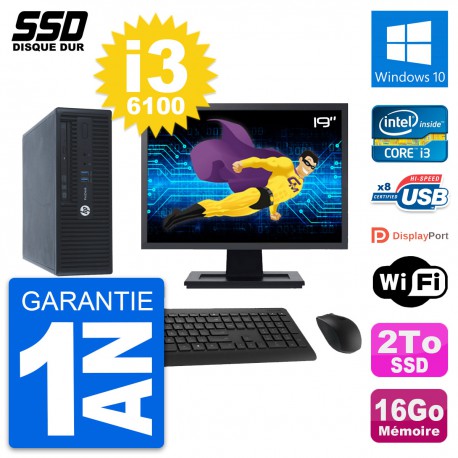 PC HP ProDesk 400 G3 SFF Ecran 19" Core i3-6100 RAM 16Go SSD 2To Windows 10 Wifi
