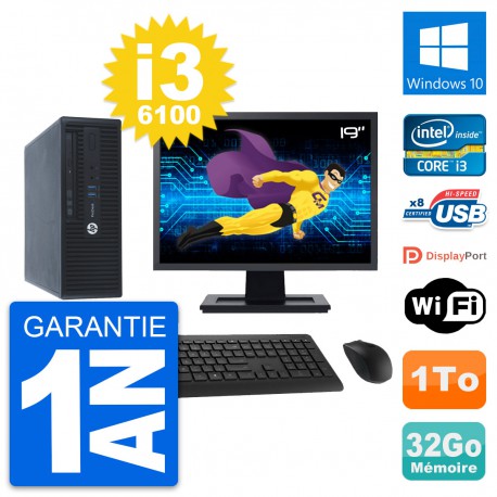 PC HP 400 G3 SFF Ecran 19" Intel i3-6100 RAM 32Go Disque 1To Windows 10 Wifi