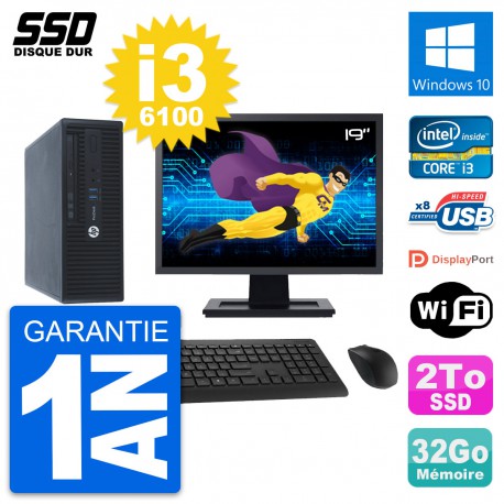 PC HP ProDesk 400 G3 SFF Ecran 19" Core i3-6100 RAM 32Go SSD 2To Windows 10 Wifi