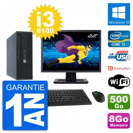 PC HP 400 G3 SFF Ecran 22" Intel i3-6100 RAM 8Go Disque 500Go Windows 10 Wifi