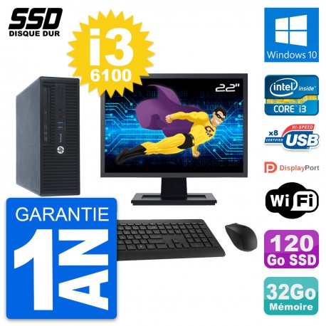 PC HP ProDesk 400 G3 SFF Ecran 22" i3-6100 RAM 32Go SSD 120Go Windows 10 Wifi