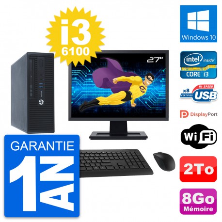 PC HP ProDesk 400 G3 SFF Ecran 27" i3-6100 RAM 8Go Disque 2To Windows 10 Wifi