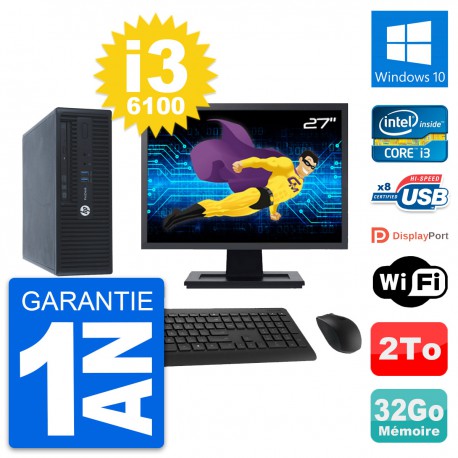 PC HP 400 G3 SFF Ecran 27" Intel i3-6100 RAM 32Go Disque 2To Windows 10 Wifi