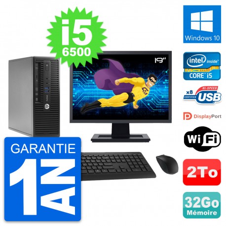PC HP 400 G3 SFF Ecran 19" Intel i5-6500 RAM 32Go Disque 2To Windows 10 Wifi