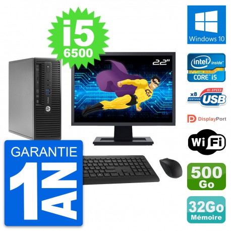 PC HP 400 G3 SFF Ecran 22" Intel i5-6500 RAM 32Go Disque 500Go Windows 10 Wifi