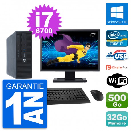 PC HP 400 G3 SFF Ecran 19" Intel i7-6700 RAM 32Go Disque 500Go Windows 10 Wifi