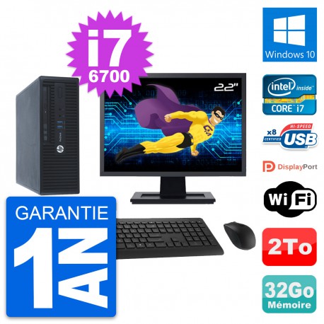 PC HP 400 G3 SFF Ecran 22" Intel i7-6700 RAM 32Go Disque 2To Windows 10 Wifi