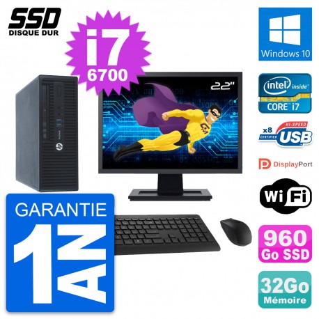 PC HP ProDesk 400 G3 SFF Ecran 22" i7-6700 RAM 32Go SSD 960Go Windows 10 Wifi