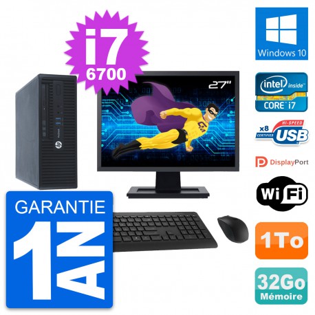 PC HP 400 G3 SFF Ecran 27" Intel i7-6700 RAM 32Go Disque 1To Windows 10 Wifi
