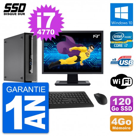 PC HP ProDesk 400 G1 SFF Ecran 19" i7-4770 RAM 4Go SSD 120Go Windows 10 Wifi