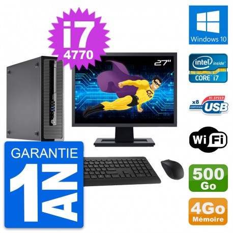 PC HP 400 G1 SFF Ecran 27" Intel i7-4770 RAM 4Go Disque 500Go Windows 10 Wifi