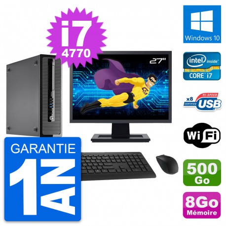 PC HP 400 G1 SFF Ecran 27" Intel i7-4770 RAM 8Go Disque 500Go Windows 10 Wifi