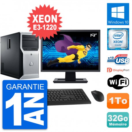 PC Tour Dell T1600 Ecran 19" Intel E3-1220 RAM 32Go Disque 1To Windows 10 Wifi